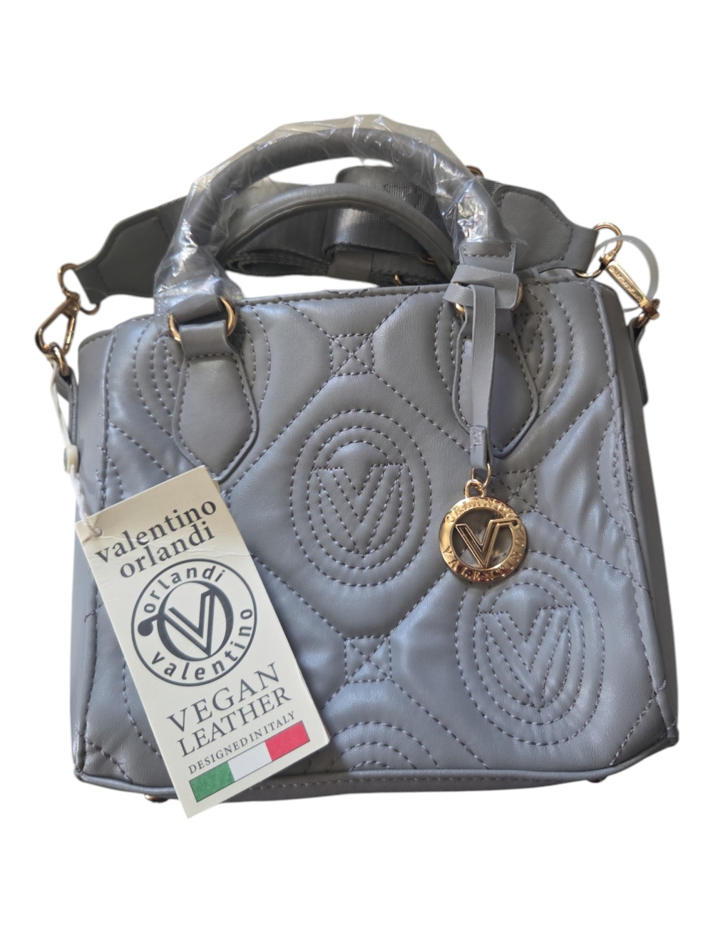 Valentino Orlandi Quilted Gray Vegan Leather Satchel with Gold Charm